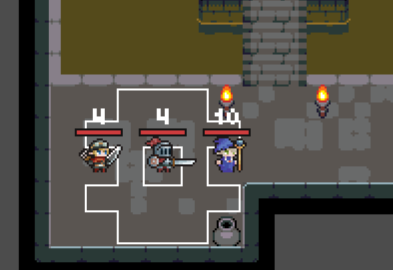 Tactical RPG battle grid with selected unit, highlighted tiles, and visible enemy positions